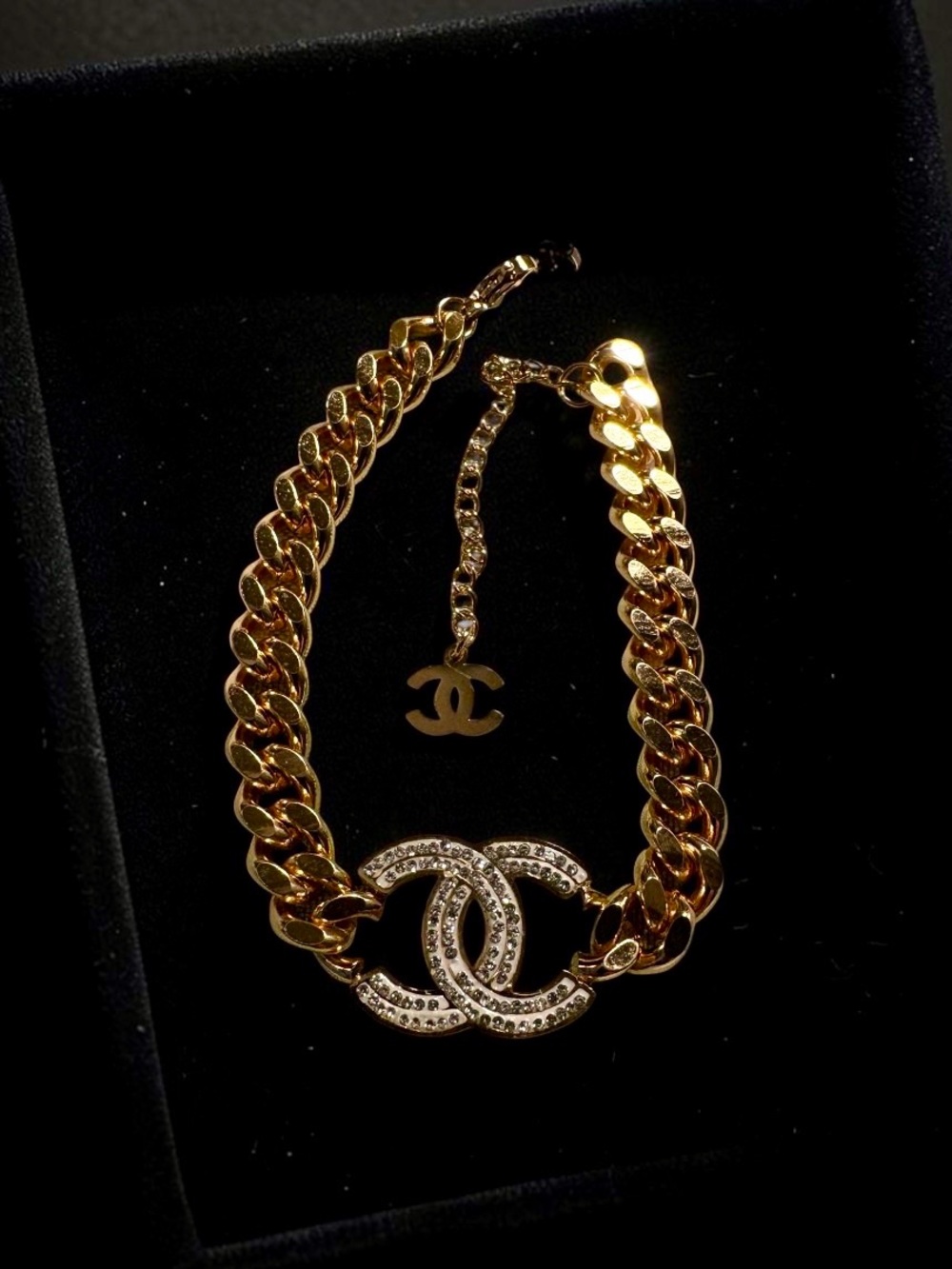 Gold and Crystal Logo Curb Chain Bracelet